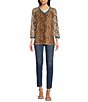 Color:Multi - Image 3 - Jersey Knit Mixed Animal Print V-Neck 3/4 Sleeve Top