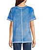 Color:Blue - Image 2 - Knit Reverse Print Bateau Neck Front Patch Pocket Short Sleeve Top