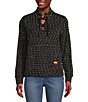 Color:Dark Charcoal - Image 1 - Lace Up Funnel Neck Long Sleeve Dimensional Dot Pattern Jacquard Knit Top