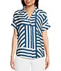 Color:Chambray - Image 1 - Textured Crinkle Abstract Striped Print Collared Short Sleeve Button-Front Camp Shirt
