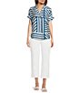 Color:Chambray - Image 3 - Textured Crinkle Abstract Striped Print Collared Short Sleeve Button-Front Camp Shirt