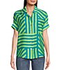 Color:Green/Turquoise - Image 1 - Textured Crinkle Abstract Striped Print Collared Short Sleeve Button-Front Camp Shirt