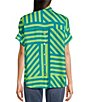 Color:Green/Turquoise - Image 2 - Textured Crinkle Abstract Striped Print Collared Short Sleeve Button-Front Camp Shirt