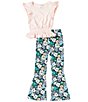 Color:Blush - Image 3 - Big Girls 7-16 Flutter-Sleeve Smocked Top & Printed Flared Leg Pants