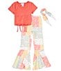 Color:Coral - Image 1 - Big Girls 7-16 Solid Short-Sleeve Top & Printed Palazzo Pant Set
