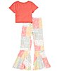 Color:Coral - Image 2 - Big Girls 7-16 Solid Short-Sleeve Top & Printed Palazzo Pant Set