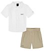 Color:White/City Khaki/Mod Gray - Image 1 - Baby Boys 12-24 Months Short Sleeve Patch-Pocket Woven Shirt & Woven Shorts Set