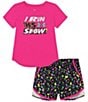 Color:Rebel Pink/Black Cut Out Camouflage - Image 1 - Baby Girls 12-24 Short Sleeve I Run This Show T-Shirt & Printed Woven Shorts Set