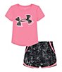 Color:Fluo Pink/Black Grunge Tracks/White/Fluo Pink - Image 1 - Little Girls 2T-6X Short Sleeve Big Icon Logo Detail T-Shirt & Printed Shorts Set