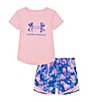Color:Pink/Pink Hazy Bloom/White/Pink Edge/Reflective - Image 1 - Little Girls 2T-6X Short Sleeve Big Icon Logo Tee & Printed Shorts Set