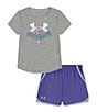 Color:Mod Gray Heather/Starlight/Celeste/White - Image 1 - Little Girls 2T-6X Short Sleeve Daisy Field T-Shirt & Solid Shorts Set