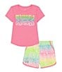 Color:Fluo Pink/White/Wordmark Stretch Pink - Image 1 - Little Girls 2T-6X Short Sleeve Repeating Logo Printed T-Shirt & Sublimation-Printed Shorts Set