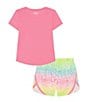 Color:Fluo Pink/White/Wordmark Stretch Pink - Image 2 - Little Girls 2T-6X Short Sleeve Repeating Logo Printed T-Shirt & Sublimation-Printed Shorts Set