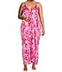 Color:Hot Pink Floral - Image 1 - Plus Size Floral Print Woven Satin Sleeveless V-Neck Maxi Chemise