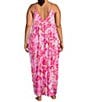 Color:Hot Pink Floral - Image 2 - Plus Size Floral Print Woven Satin Sleeveless V-Neck Maxi Chemise
