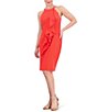 Color:Hot Coral - Image 3 - Crepe Halter Neck Sleeveless Ruffle Front Side Slit Sheath Dress