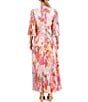 Color:Pink - Image 2 - Floral Print Chiffon V-Neck Short Sleeve Pleated Maxi Dress