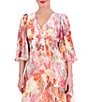 Color:Pink - Image 3 - Floral Print Chiffon V-Neck Short Sleeve Pleated Maxi Dress
