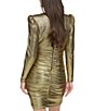 Color:Gold - Image 2 - Foiled Metallic Knit V-Neck Long Sleeve Ruched Bodycon Dress