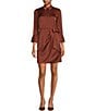 Color:Brown - Image 1 - 3/4 Sleeve Point Collar Faux Wrap Satin Shirt Dress