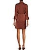 Color:Brown - Image 2 - 3/4 Sleeve Point Collar Faux Wrap Satin Shirt Dress