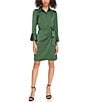 Color:Emerald - Image 1 - 3/4 Sleeve Point Collar Faux Wrap Satin Shirt Dress