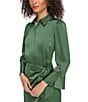 Color:Emerald - Image 3 - 3/4 Sleeve Point Collar Faux Wrap Satin Shirt Dress