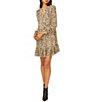 Color:Khaki Haze - Image 1 - Long Sleeve Split Round Neck Animal Print Flounce Ruffle Hem Tiered Reset Dress