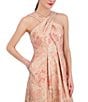 Color:Coral - Image 3 - Metallic Jacquard Floral Print Cross Halter Neck Sleeveless Fit and Flare Pocketed Dress