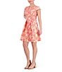 Color:Pink - Image 1 - Metallic Jacquard Floral Print V-Neck Cap Sleeve Fit and Flare Pocketed Dress