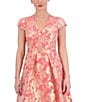 Color:Pink - Image 3 - Metallic Jacquard Floral Print V-Neck Cap Sleeve Fit and Flare Pocketed Dress