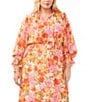 Color:Tulip Red - Image 3 - Plus Size Chiffon Sheer Floral Split V-Neck Long Blouson Sleeve A-Line Tiered Maxi Dress