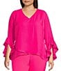 Color:Hot Pink - Image 1 - Plus Size Luxe Crepe De Chine 3/4 Ruffle Sleeve V-Neck Crisscross Hem Tunic