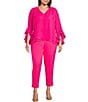 Color:Hot Pink - Image 3 - Plus Size Luxe Crepe De Chine 3/4 Ruffle Sleeve V-Neck Crisscross Hem Tunic