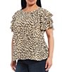 Color:Khaki Haze - Image 1 - Plus Size Round Neck Tiered Short Sleeve Leopard Print Blouse