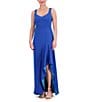Color:Cobalt - Image 1 - Scuba Knit Sweetheart Neck Sleeveless Ruffle Side Slit A-Line Gown