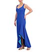 Color:Cobalt - Image 3 - Scuba Knit Sweetheart Neck Sleeveless Ruffle Side Slit A-Line Gown