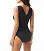 Color:Black - Image 2 - Solid Surplice V-Neck Front Draping One Piece Swimsuit