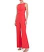 Color:Hot Coral - Image 1 - Stretch Crepe Knit Keyhole Boat Neck Sleeveless Cross Front Jumpsuit