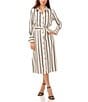 Color:Soft Cream - Image 1 - Striped Point Collar Long Cuffed Sleeve Charmeuse Button Front Belted Midi Shirt Dress
