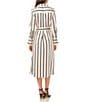 Color:Soft Cream - Image 2 - Striped Point Collar Long Cuffed Sleeve Charmeuse Button Front Belted Midi Shirt Dress