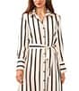 Color:Soft Cream - Image 3 - Striped Point Collar Long Cuffed Sleeve Charmeuse Button Front Belted Midi Shirt Dress