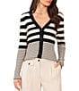 Color:Rich Black - Image 1 - Striped Ribbed Knit V-Neck Long Sleeve Button Front Cardigan