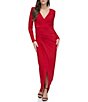 Color:Red - Image 1 - V-Neck Long Sleeve Side Ruched Slit Tulip Hem Gown