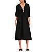 Color:Black - Image 1 - Angela V Neck Long Sleeve Ruched Midi Dress