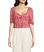 Color:Red Mini Roses - Image 1 - Floral Ruched Sweetheart Neck Short Sleeve Top