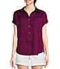 Color:Plum Caspia - Image 1 - Camp Short Sleeve Point Collar Button Front Shirt