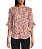 Color:Animal Trails - Image 1 - Knit Animal Trails Print Crew Neck 3/4 Ruffle Sleeve Top