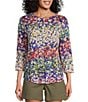 Color:Floral Rainbow - Image 1 - Knit Floral 3/4 Sleeve Crew Neck Top