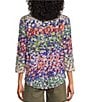 Color:Floral Rainbow - Image 2 - Knit Floral 3/4 Sleeve Crew Neck Top